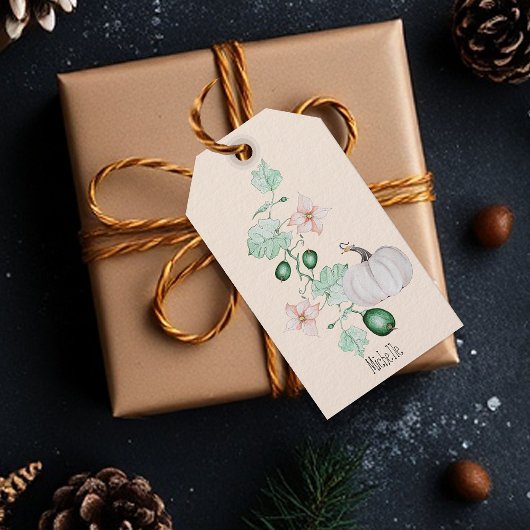 ホワイトカボチャとフラワーウォーターカラーアート ギフトタグ