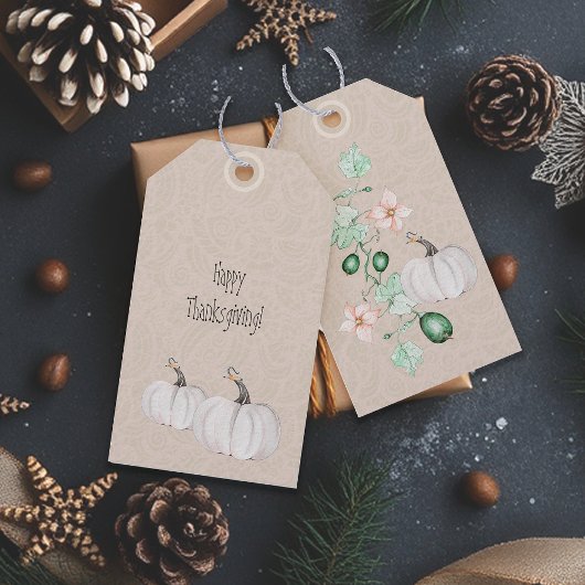 ホワイトカボチャとフラワーウォーターカラーアート ギフトタグ