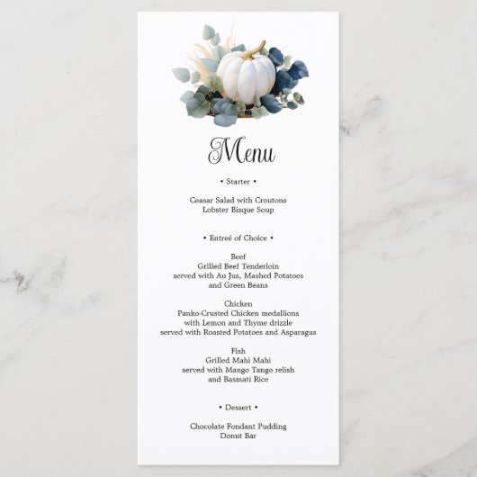 ホワイトカボチャとユーカリの緑のブライダルシャワー メニュー (正面)