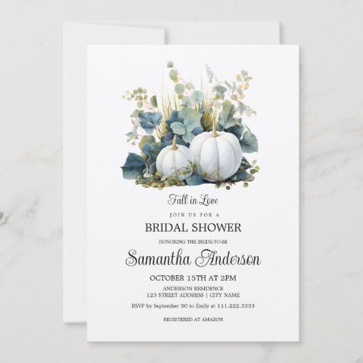 ホワイトカボチャとユーカリの緑のブライダルシャワー 招待状 (正面)