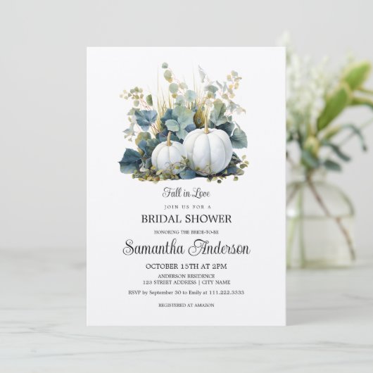 ホワイトカボチャとユーカリの緑のブライダルシャワー 招待状 (スタンド正面)