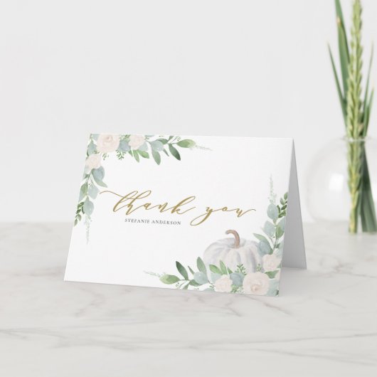 ホワイトカボチャと緑の秋の赤ちゃんシャワー サンキューカード (正面)