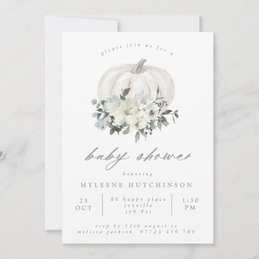 ホワイトカボチャと花ベビーシャワー 招待状 (正面)