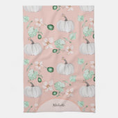 ホワイトカボチャと花水彩アートパターン キッチンタオル (縦)