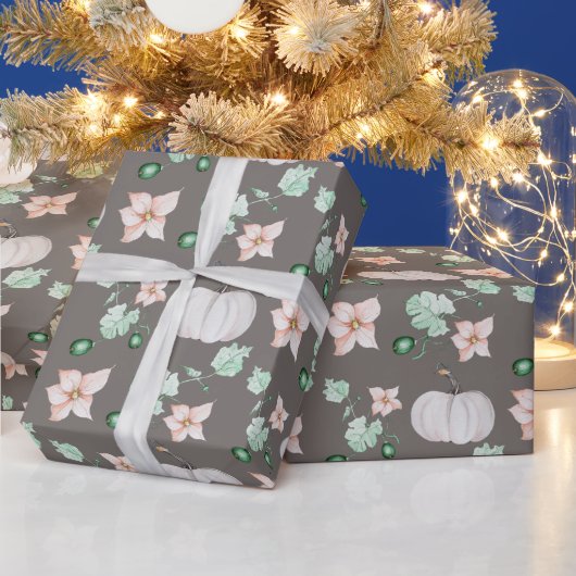 ホワイトカボチャと花水彩アートパターン ラッピングペーパー (クリスマス)