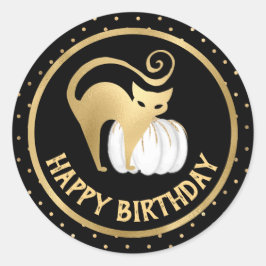 ホワイトカボチャと金ゴールドキャット水玉模様誕生日 ラウンドシール