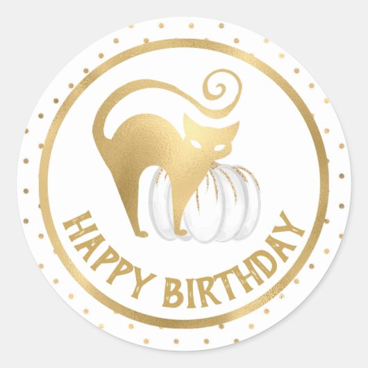 ホワイトカボチャと金ゴールドキャット水玉模様誕生日 ラウンドシール (正面)