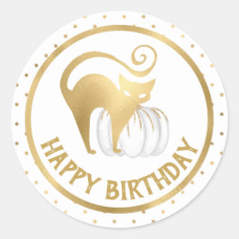 ホワイトカボチャと金ゴールドキャット水玉模様誕生日 ラウンドシール