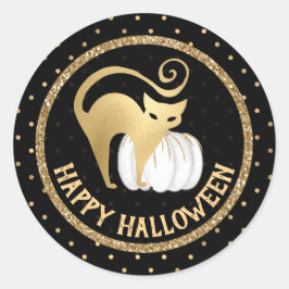 ホワイトカボチャと金ゴールド猫水玉模様ハロウィーン ラウンドシール