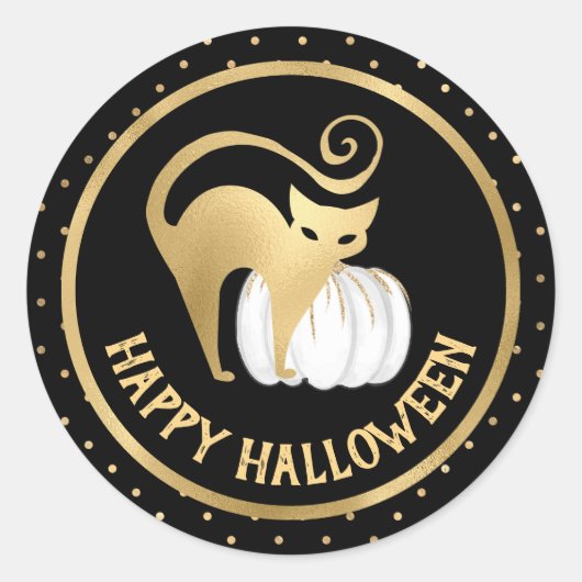 ホワイトカボチャと金ゴールド猫水玉模様ハロウィーン ラウンドシール (正面)
