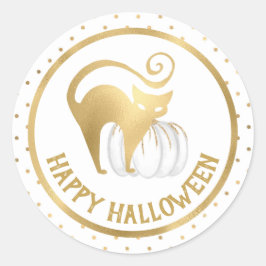 ホワイトカボチャと金ゴールド猫水玉模様ハロウィーン ラウンドシール