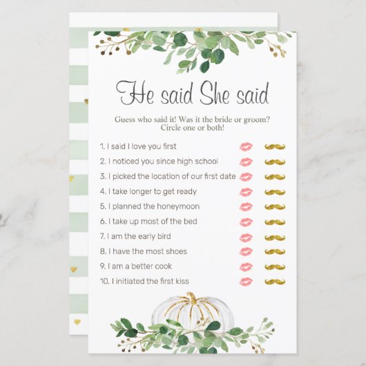 ホワイトカボチャの緑のフローラ彼は彼女が言った (正面/裏面)