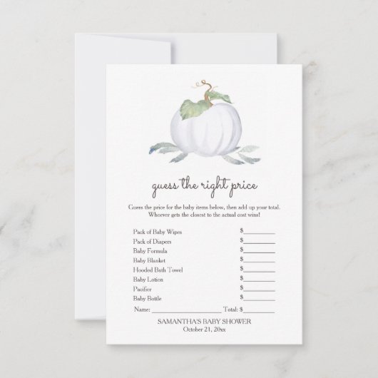 ホワイトカボチャは正しい価格のゲームを推測 招待状 (正面)