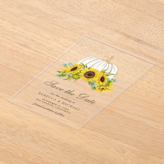 ホワイトカボチャひまわり結婚式の日付を保存 アクリル招待状 (レイダウン)