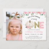 ホワイトカボチャフローラ金ゴールドワード写真1st誕生日 招待状 (正面)