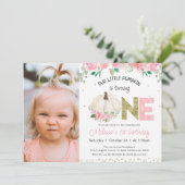 ホワイトカボチャフローラ金ゴールドワード写真1st誕生日 招待状 (スタンド正面)