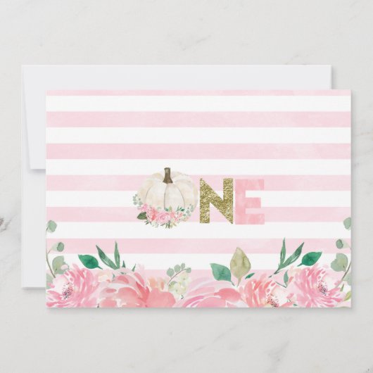 ホワイトカボチャフローラ金ゴールドワード写真1st誕生日 招待状 (裏面)