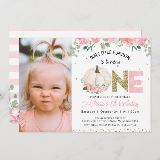 ホワイトカボチャフローラ金ゴールドワード写真1st誕生日 招待状 (正面/裏面)