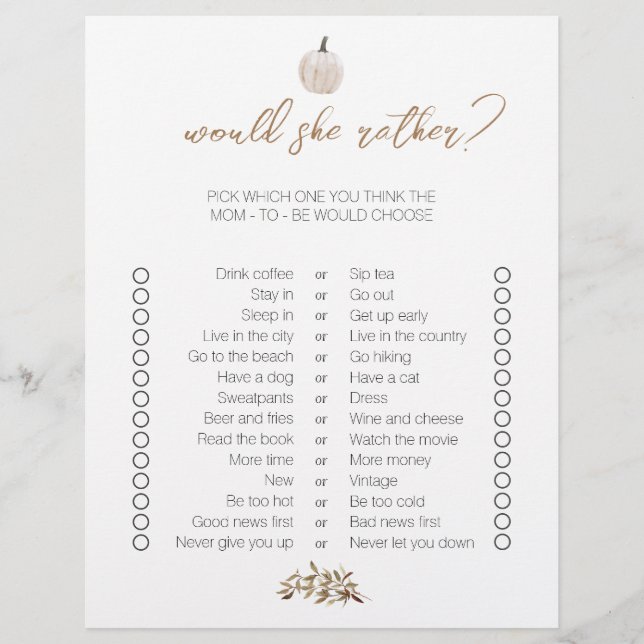 ホワイトカボチャ両面ビンゴベビーシャワーゲーム (正面)