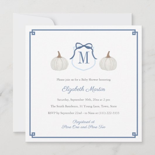 ホワイトカボチャ名門私立校風のモノグラム男の赤ちゃんシャワー 招待状 (正面)