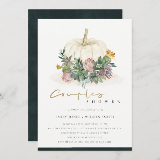 ホワイトカボチャ多肉動物対シャワー招待状 サンキューカード (正面/裏面)