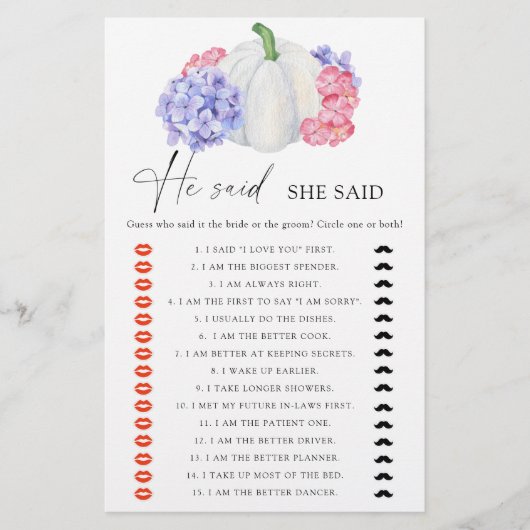 ホワイトカボチャ彼は彼女はブライダルシャワーゲームと言った (正面)