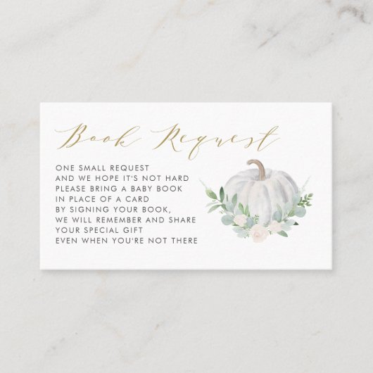 ホワイトカボチャ秋ベビシャワーブックリクエストカード プレイスカード (正面)