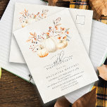 ホワイトカボチャ紅葉40th誕生日パーティー インビテーションポストカード<br><div class="desc">白エレガントいカボチャは赤、オレンジ、セージ緑のと野離れ花に囲まれている。</div>