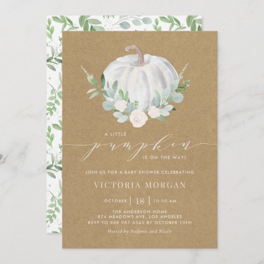 ホワイトカボチャ素朴ンクラフト紙秋ベビーシャワー 招待状 (正面/裏面)