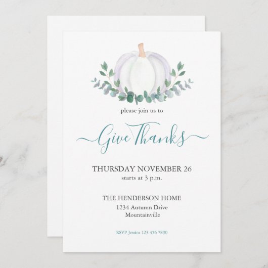 ホワイトカボチャ緑の感謝祭ディナー 招待状 (正面/裏面)