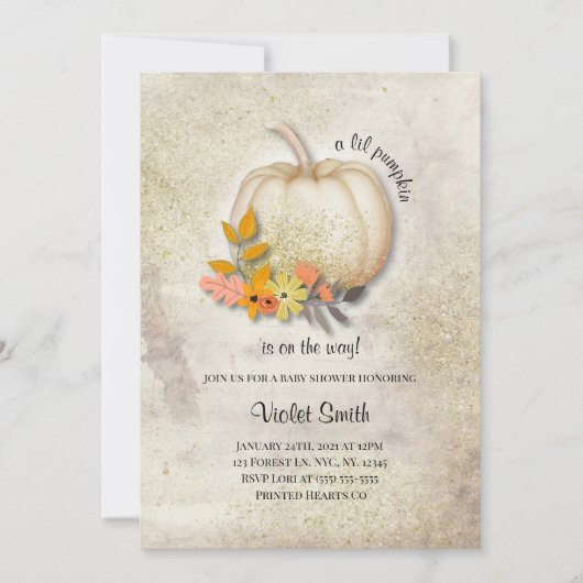 ホワイトカボチャ赤ちゃんシャワー招待状と金ゴールドグリッター 招待状 (正面)