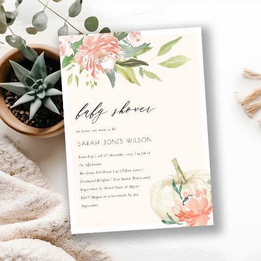 ホワイトカボチャ赤面フローラベビーシャワー招待状 サンキューカード