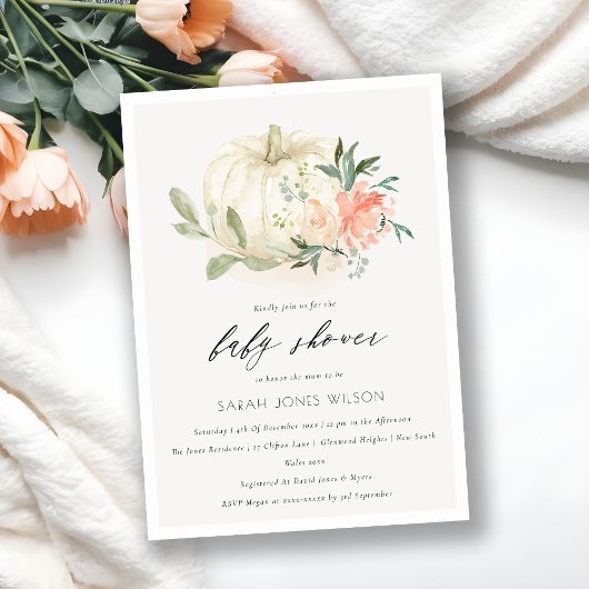 ホワイトカボチャ赤面フローラベビーシャワー招待状 サンキューカード