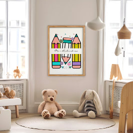 ホワイトカラフル先生漫画鉛筆ポスター ポスター