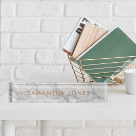 ホワイトカララマーブルクラシック金ゴールドパーソナライズされた デスクネームプレート