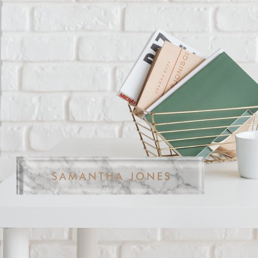 ホワイトカララマーブルクラシック金ゴールドパーソナライズされた デスクネームプレート