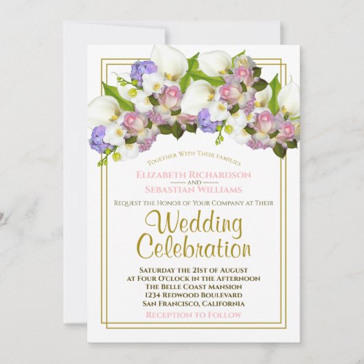 ホワイトカラリリー&ピンクローズブズ春の結婚式 招待状 (正面)