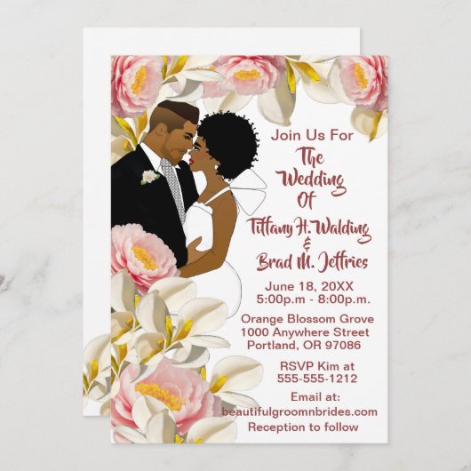 ホワイトカラリリー&牡丹アフリカ系アメリカ結婚人 招待状 (正面/裏面)