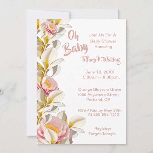 ホワイトカラリリー&牡丹オ赤ちゃん女の子ベビーシャワー 招待状 (正面)