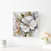 ホワイトカーネーションアルコールインク抽象芸術 スクエア壁時計 (ホーム)