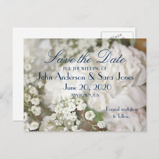 ホワイトカーネーション&赤ちゃんの息の保存日付 案内ポストカード (正面/裏面)