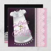 ホワイトガウンクロスベビーガールピンクブラック《キリスト教》洗礼式や命名式 招待状 (正面/裏面)