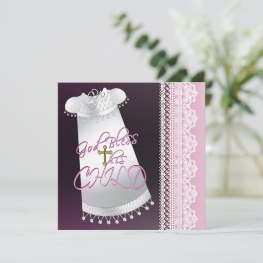 ホワイトガウンクロスベビーガールピンクブラック《キリスト教》洗礼式や命名式 招待状 (スタンド正面)