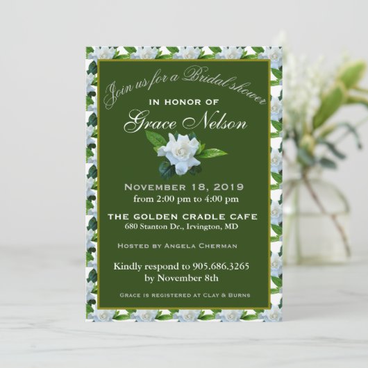 ホワイトガーデニアグリーンリーフブライダルシャワー 招待状 (スタンド正面)