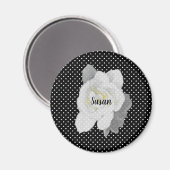 ホワイトガーデニアフラワーオン白黒水玉模様 マグネット (正面/裏面)