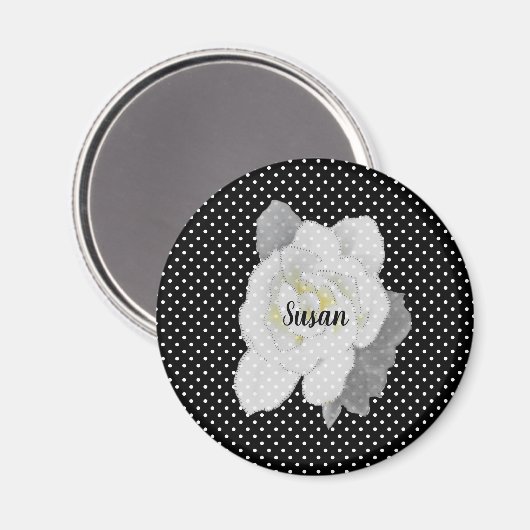 ホワイトガーデニアフラワーオン白黒水玉模様 マグネット (正面/裏面)