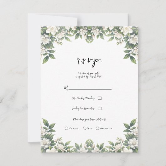 ホワイトガーデニアフラワーズエレガントフローラウェディングRSVP 招待状 (正面)