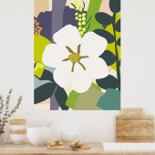 ホワイトガーデニア抽象芸術花模様カラーブロックモダン ポスター (キッチン)