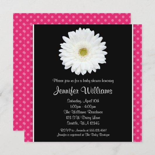 ホワイトガーベラデイジーピンク水玉模様ベビーシャワー 招待状 (正面/裏面)