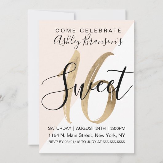 ホワイトガーリー赤面ピンクジオフェイク金箔スイート16 招待状 (正面)